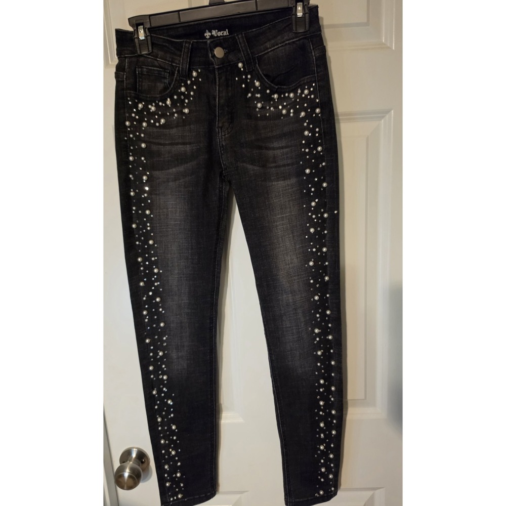 Vocal Women's S Black Skinny Jeans Pearl Rhinestone Embellished Bling Stretch